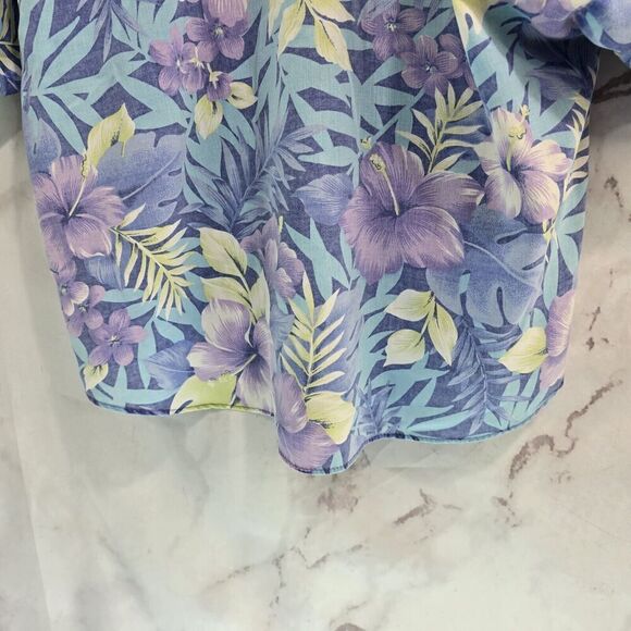 Vintage Shirt Womens Medium 90s Blue Purple Floral Button Up Short Sleeve Camp - Picture 7 of 9